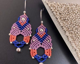 Micro Macrame Nylon Purple, Pink, and Blue Silver Beaded Drop Earrings