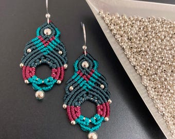 Micro Macrame Nylon Teal, Turquoise, and Magenta with Silver Beads Drop Earrings