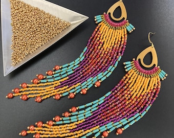 Macrame Gold Tear Drop Sunset Fringe Earrings with Orange, Magenta, and Turquoise Beads
