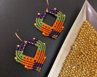 Macrame Heart Tricolor Gold Beaded Drop Earrings in Purple, Green, and Orange