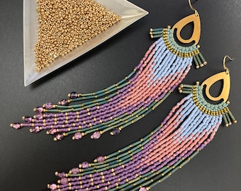 Macrame Tear Drop Lily Fringe Earrings with Gold and Lily Pad Colors