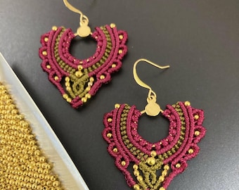 Macrame Magenta Nylon Gold Hexagon Filigree Earrings with Gold Beads