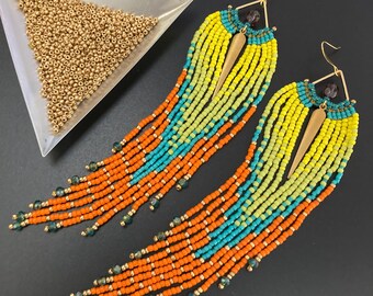 Gold Teardrop Sunrise Fringe Earrings