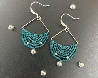 Silver Semi Circle Teal Macrame Drop Earrings