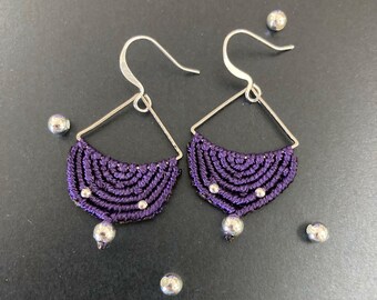 Silver Semi Circle Purple Macrame Drop Earrings