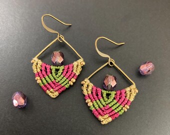 Bronze Semi Triangle Beaded Magenta Macrame Drop Earrings