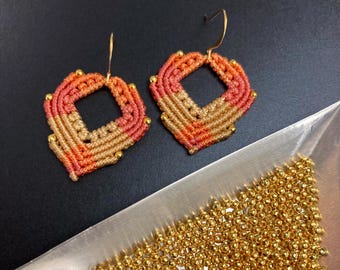 Macrame Heart Tricolor Silver Beaded Drop Earrings in Peach and Pink