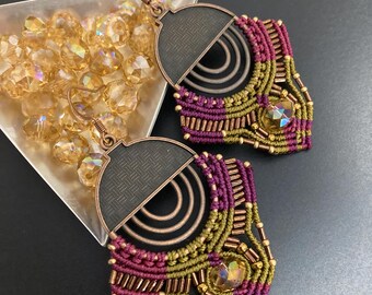Macrame Bronze Chandelier Earrings in Magenta and Olive with Bronze Beads and Faceted Beads