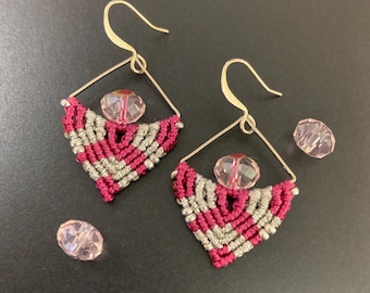 Silver Semi Triangle Pink Beaded Macrame Drop Earring