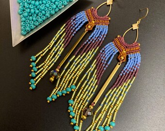 Macrame Gold Tear Drop Magenta and Blue Fringe Earrings