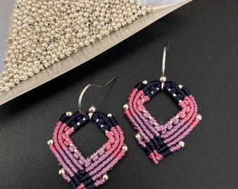 Macrame Heart Tricolor Silver Beaded Drop Earrings in Deep Purple and Pink