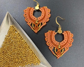 Macrame Peach Nylon Gold Hexagon Filigree Earrings with Gold Beads