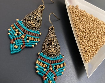Macrame Bronze Filigree Teal Chandelier Earrings