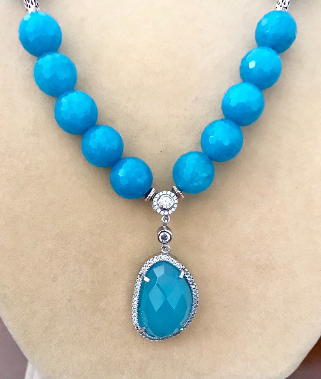 Sky Blue Jade Beads Necklace 16.15cts Natural Blue Chalcedony Etsy UK