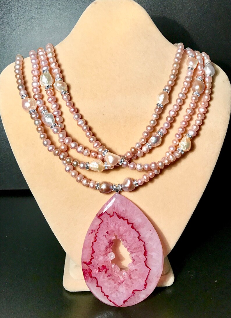 Purple Pink Pearls Multi Strand Necklace Chunky Agate Pendant Statement Artisan Jewels