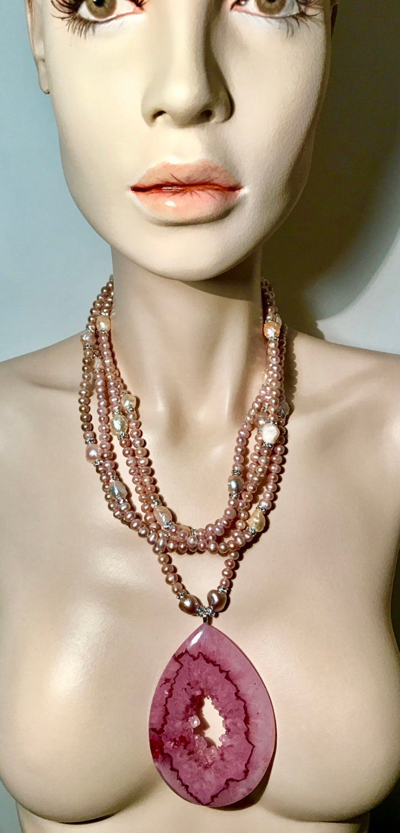 Purple Pink Pearls Multi Strand Necklace Chunky Agate Pendant Statement Artisan Jewels