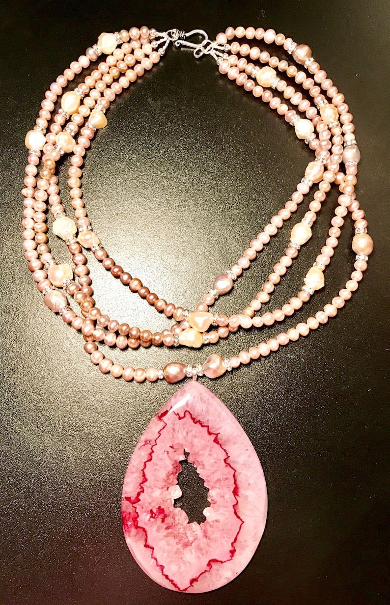 Purple Pink Pearls Multi Strand Necklace Chunky Agate Pendant Statement Artisan Jewels