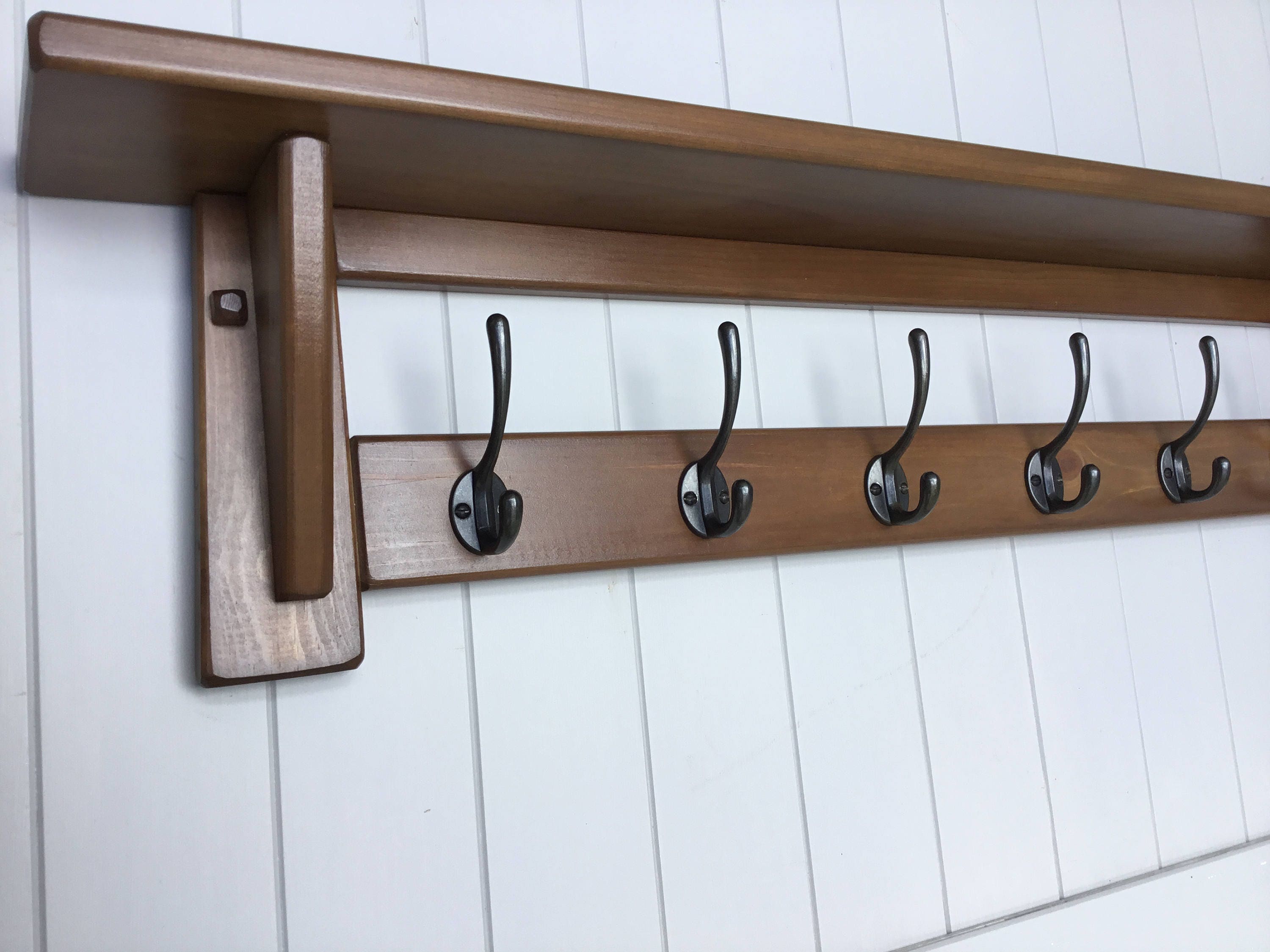 6 Hook rustic wooden hat and coat rack with shelf. Etsy