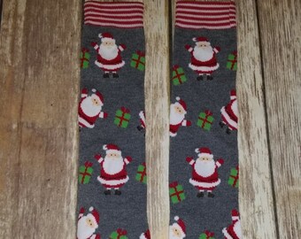 Grey Leg Warmers with Santa and Presents. 14 inches long. Ready to Ship.