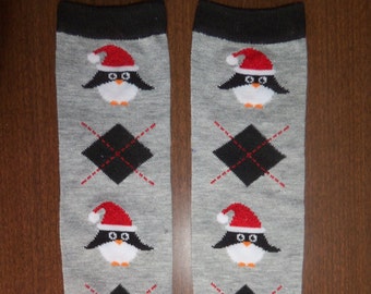 Penguin and Santa Hat Leg Warmers. Christmas Leg Warmers. 14 inches long. Ready to ship.