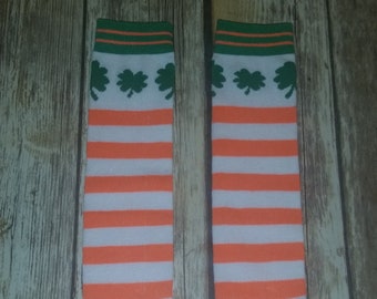 St. Patrick's Day Orange and White Stripe with Green Shamrock Leg Warmers for babies, toddlers, or children