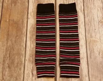 Black with Pink, Gray, and White Stripes Leg Warmers, Approximately 12 inches long. Ready to Ship