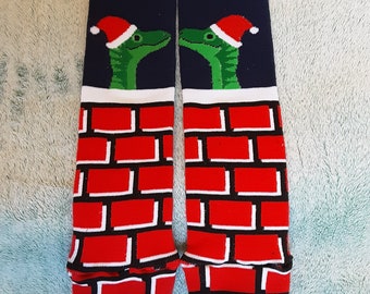 Dinosaur Santa Leg Warmers. Christmas Leg Warmers. 13 inches. Ready to ship.