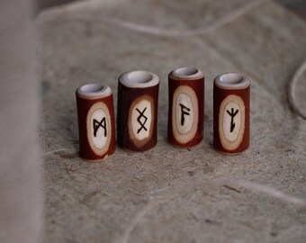 Set of 4 rune beads - handmade of madrone wood, engraved by hand, finished with lacquer