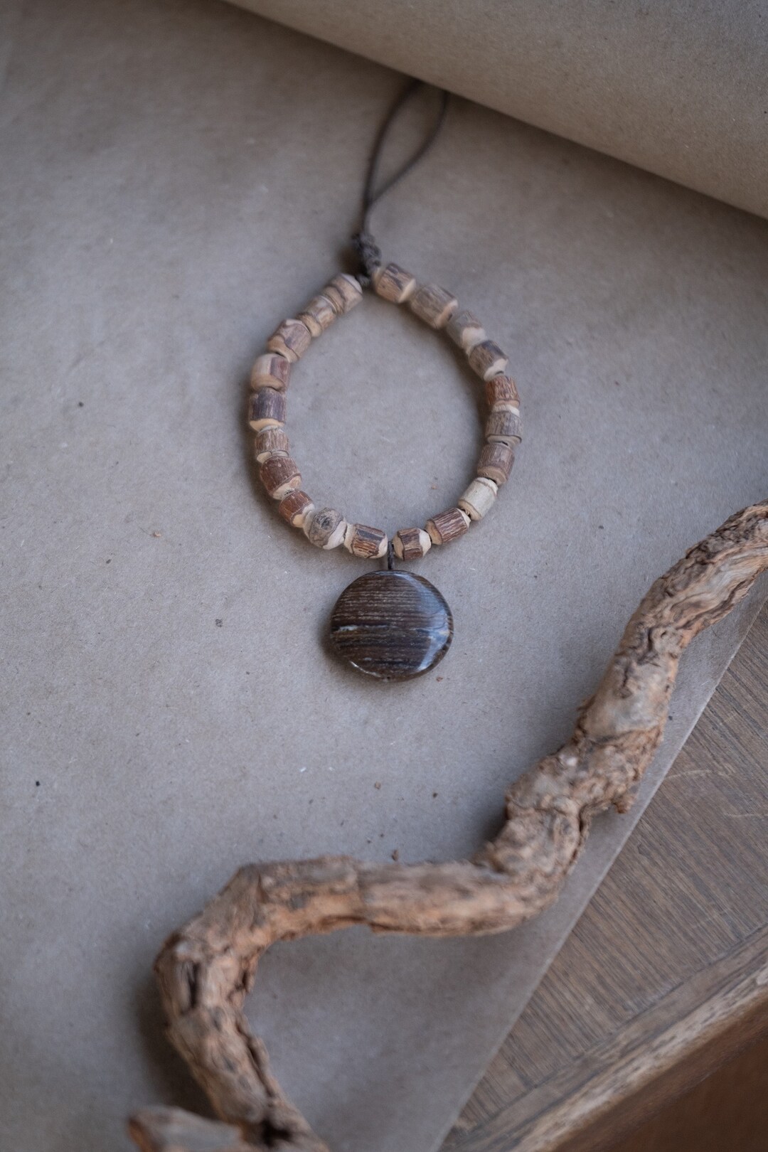 Yellowstone Chesttreasure Handmade Necklace With Wooden Beads Brown Obsidian Etsy