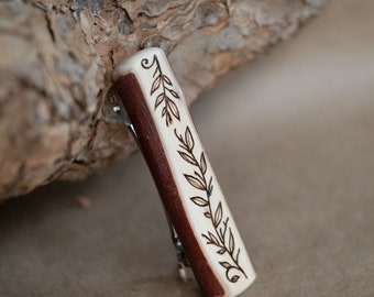 READY TO SHIP - Madrone wooden hair clip - formed and engraved by hand (no laser) - finished with organic lacquer