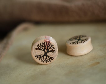 Madrone wooden ear plugs - handmade ear plugs gauges - engraved by hand with tree of life - finished with organic lacquer