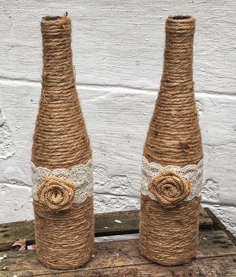 Twine Wrapped Wine Bottles with Burlap Rose and Lace Country Etsy