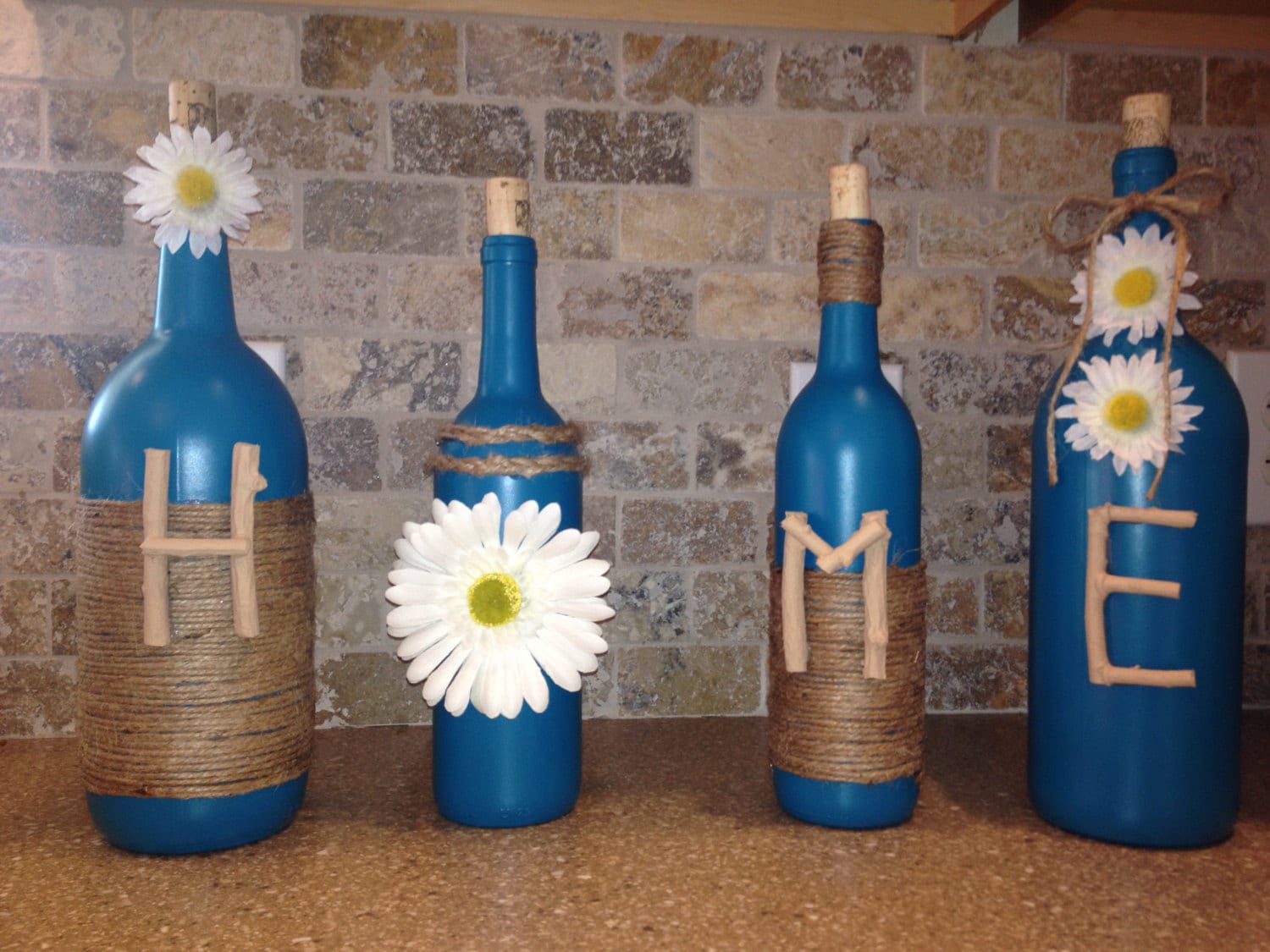 HOME Wine Bottle Decor Home Decor Teal Wine Bottles Shabby Etsy