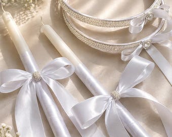Matching Set of Greek Orthodox Wedding Crowns (Stefana) and Candles (Lambathes)