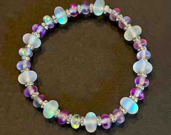 Rainbow and Purple Mermaid glass stretchy bracelet with silver toned crystal rondells