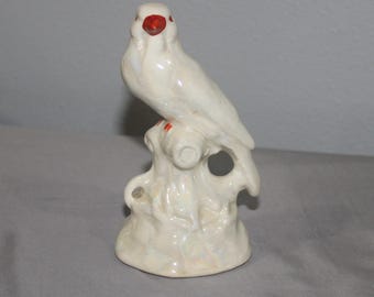 Czech Pottery White Luster Bird on Tree Red Dime Mark Czechoslovakia