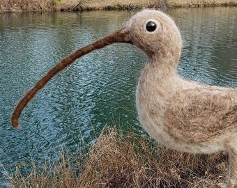AVAILABLE NOW, Needle Felted Shore Bird, Long-billed Curlew, Unique, Handmade, Semi Poseable, Soft & Wool Sculpture, Whimsical