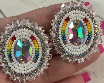 Mini white and rainbow beaded stud earrings