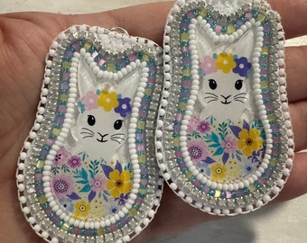 Floral Bunny Earrings. Beaded Earrings.