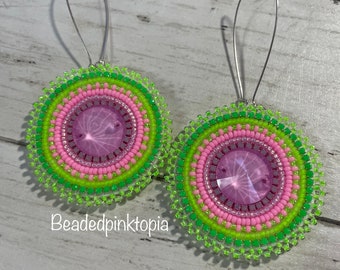 Pink & Green beaded earrings. Watermelon earrings. Dangle earrings. Indigenous Shop