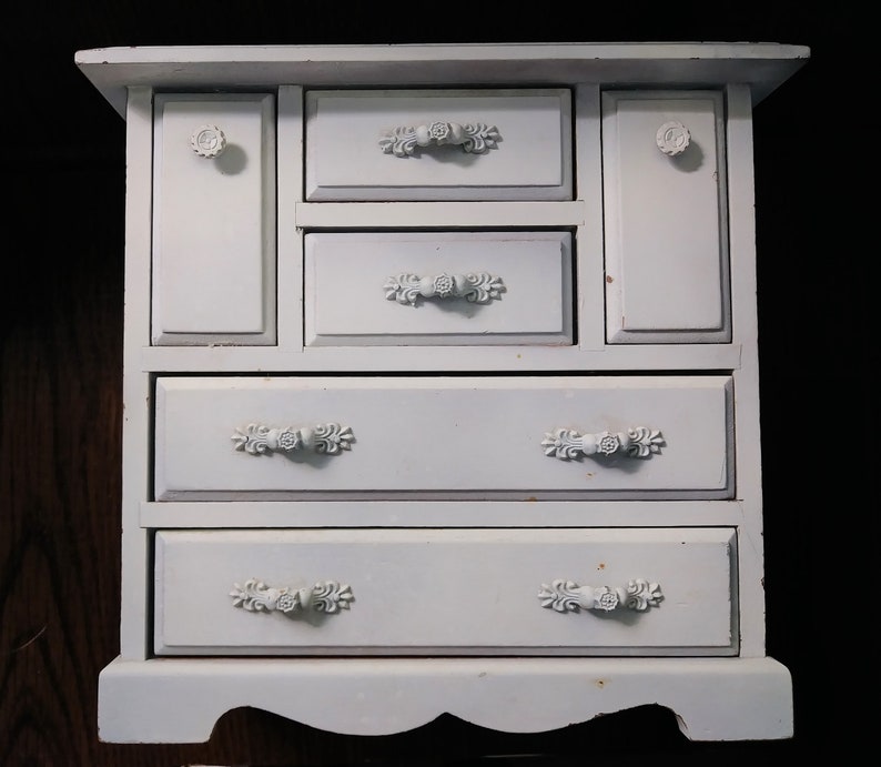 Vtg Jewelry Box Wood 2 Doors 4 Drawers Ring Storage Hand Paint Etsy