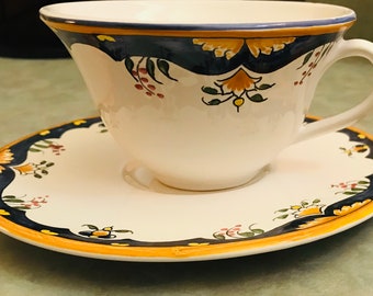 Antique French Faience Cup and Saucer: Hand-Painted Desvres Pottery