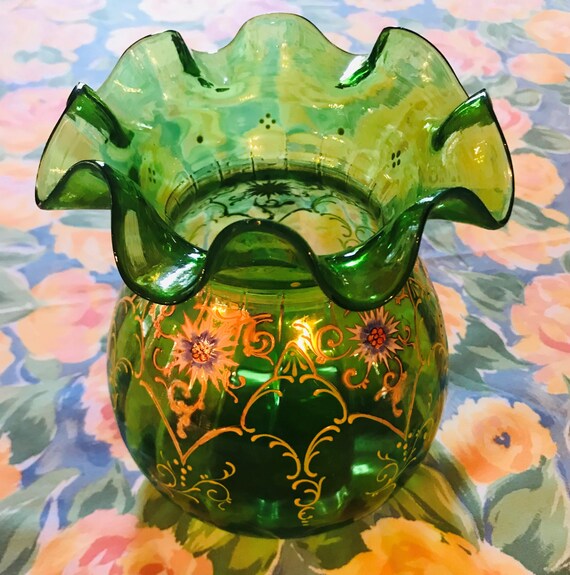 Antique Moser Art Glass Vase: Emerald Green With Hand-painted