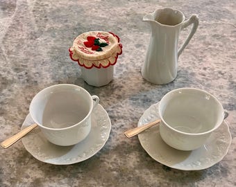 Limoges Porcelain Breakfast Set: Philippe Deshoulieres Blanc de Blanc, Embossed Fruit Design