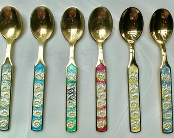 Danish set of 6 demitasse spoons  sterling silver enameled and gold wash