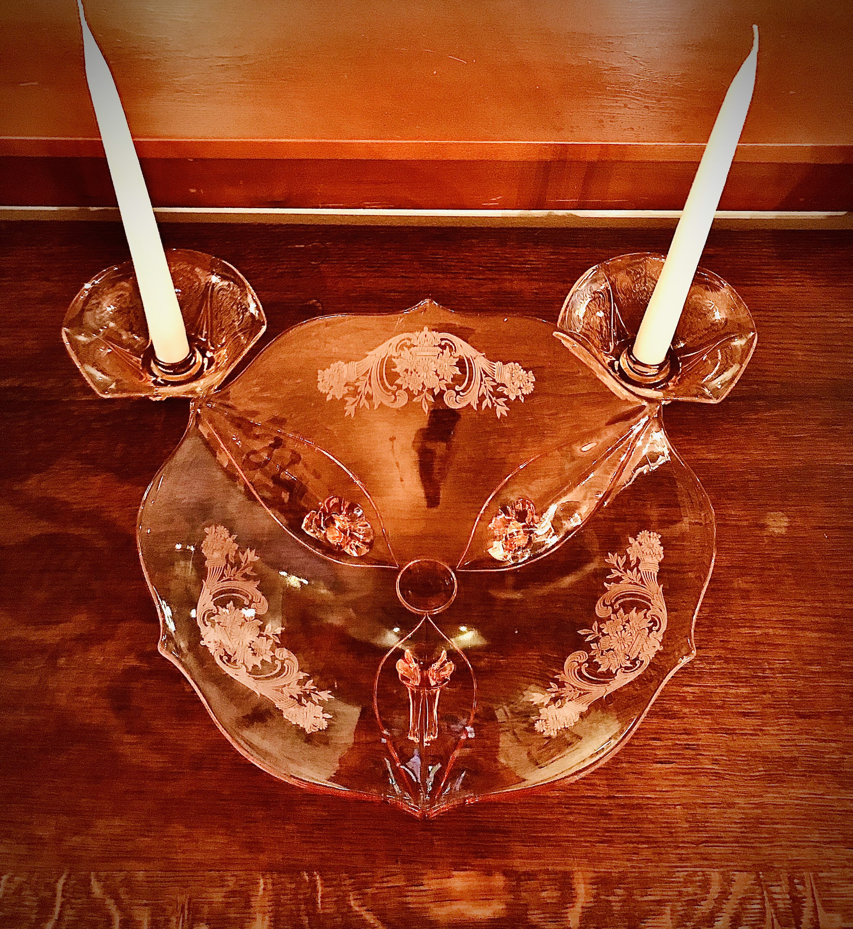 Pink Depression Glass Candle Holders With Etched Florals  Unique Vintage Pink Depression Glass Etched Candle Holders (Set of 2) main image 2