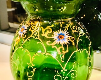 Antique Moser Art Glass Vase: Emerald Green With Hand-painted