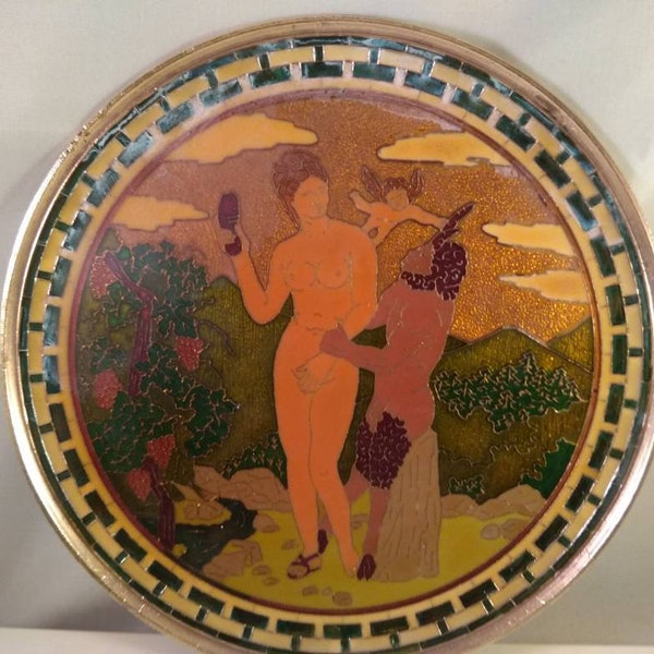 Vintage greek hand made plate,solid brass, enamel, pan, satyrus, woman, afrodite? Figure