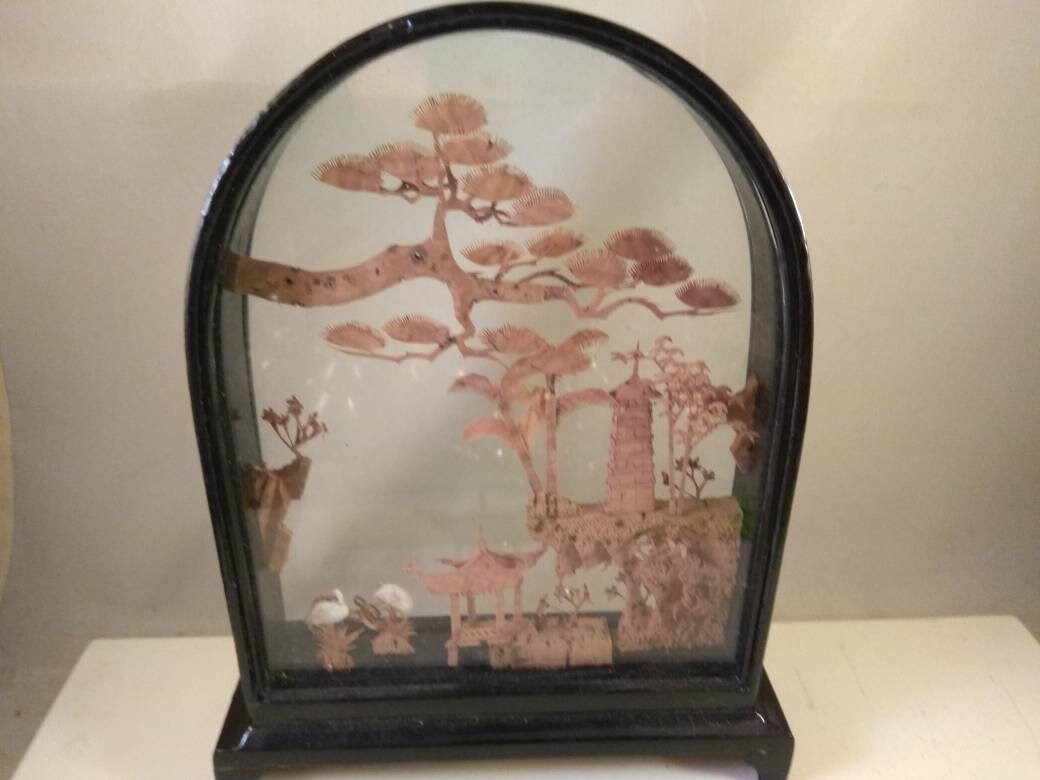 Vintage Chinese Cork Sculpture Picture Garden Black Wood