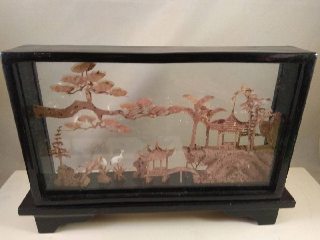 Vintage Chinese Cork Sculpture Picture Garden Black Wood